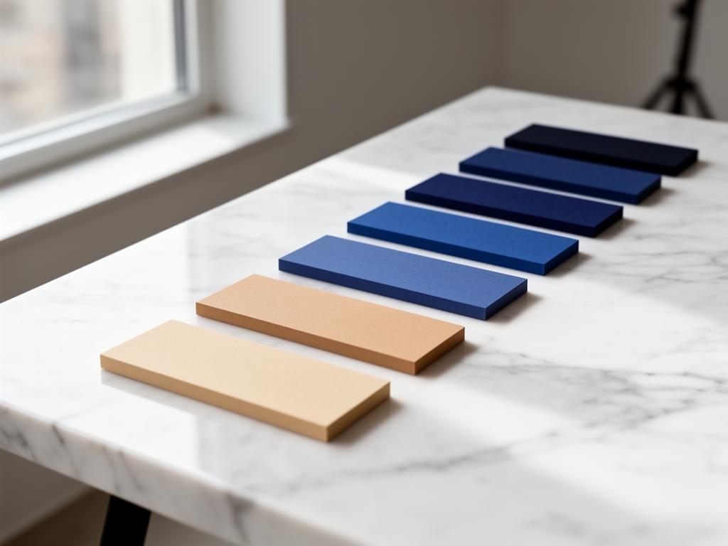 Цветовая палитра для веб-дизайна, расположенная на белом столе: карточки с оттенками от тёплого бежевого до глубокого индиго