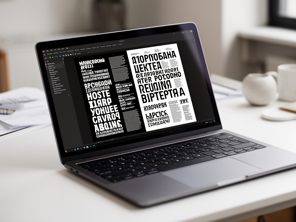 Дизайнерский стол с открытым ноутбуком, на экране которого видны высококонтрастные типографические макеты в чёрно-белой гамме