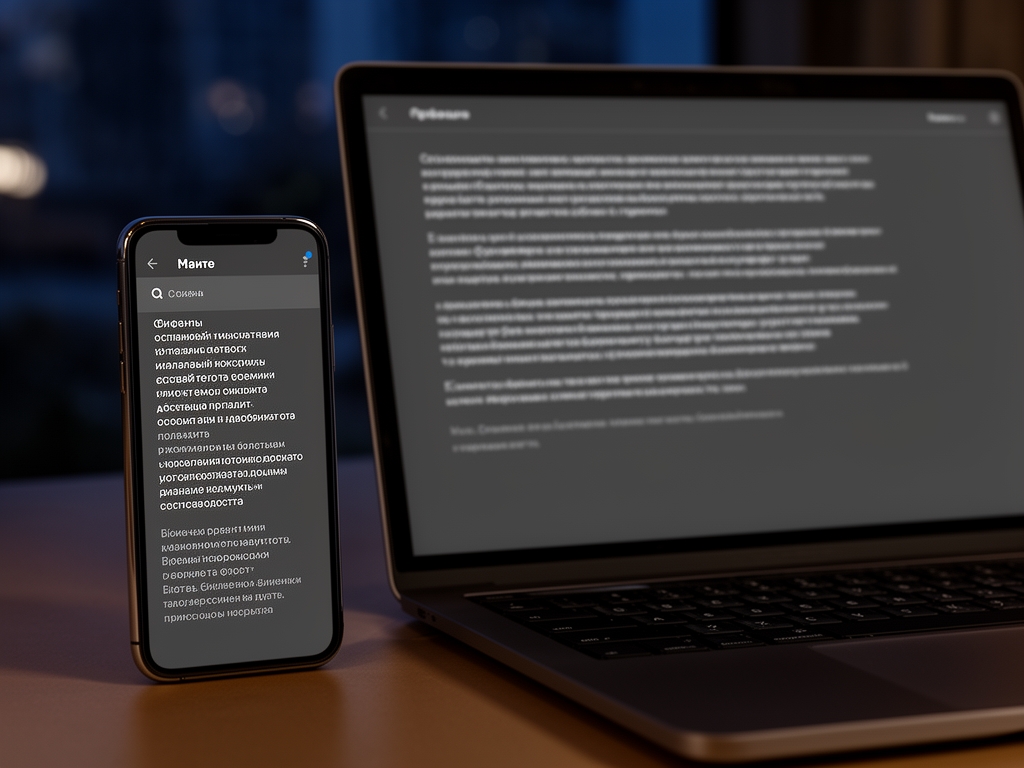 Смартфон и ноутбук рядом, оба отображают один и тот же интерфейс в тёмном режиме — тёмно-серый фон с белым текстом, ночная обстановка
