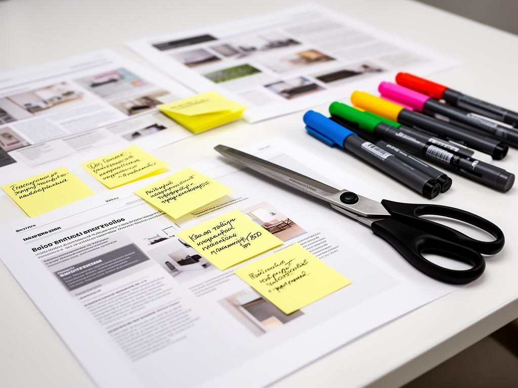 Редакционная съёмка: стол с разложенными листами журнального макета, ножницы, маркеры и клейкие стикеры с правками