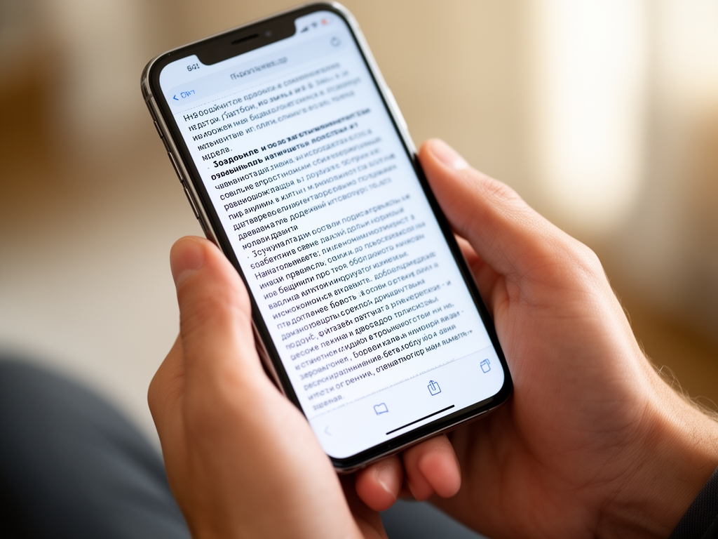 Человек читает длинный текстовый материал на смартфоне в условиях мягкого дневного освещения, крупный план рук и экрана