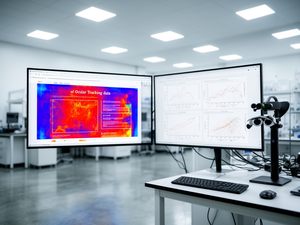 Исследовательская лаборатория с двумя мониторами: на одном — тепловая карта окулографии поверх веб-страницы, на другом — графики результатов эксперимента