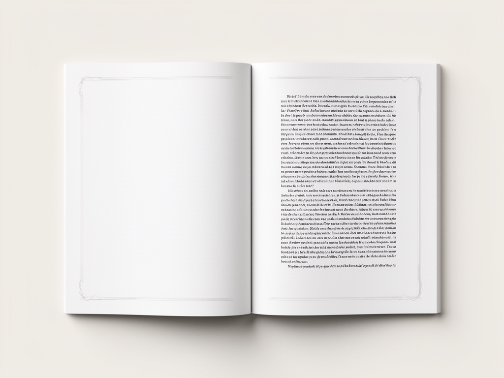 Минималистичный книжный разворот на светлом фоне с большим количеством белого пространства вокруг текста и тонкими декоративными линиями
