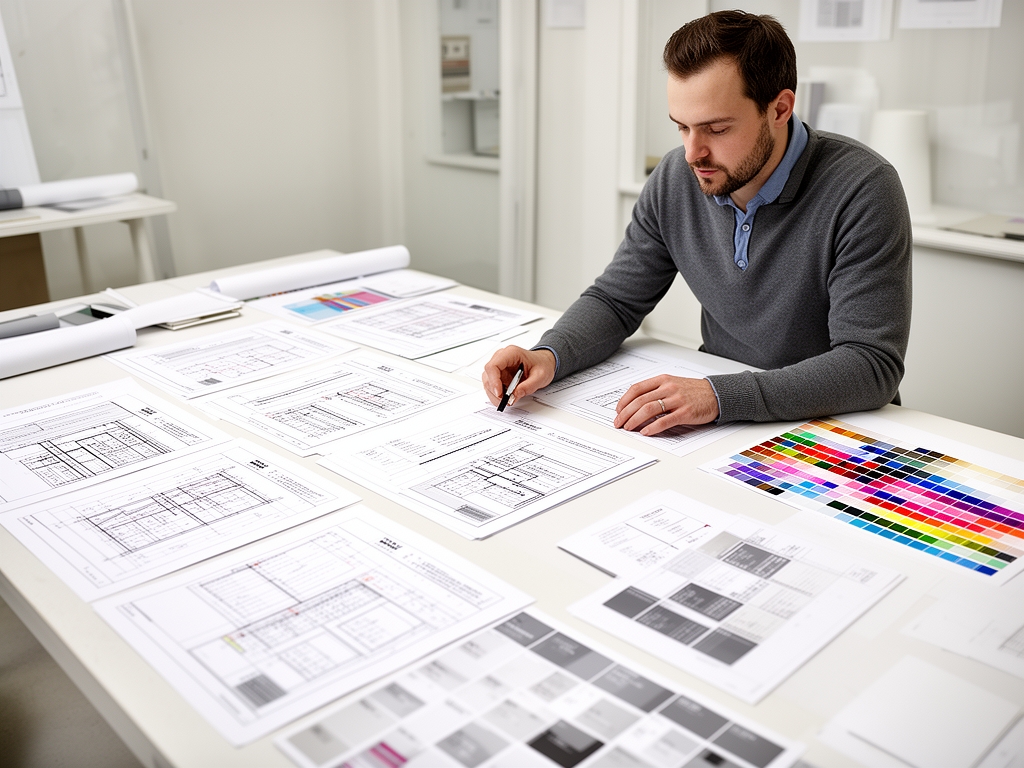 Дизайнер за большим столом в светлой студии изучает распечатанные редакционные макеты с типографическими разметками и аннотациями