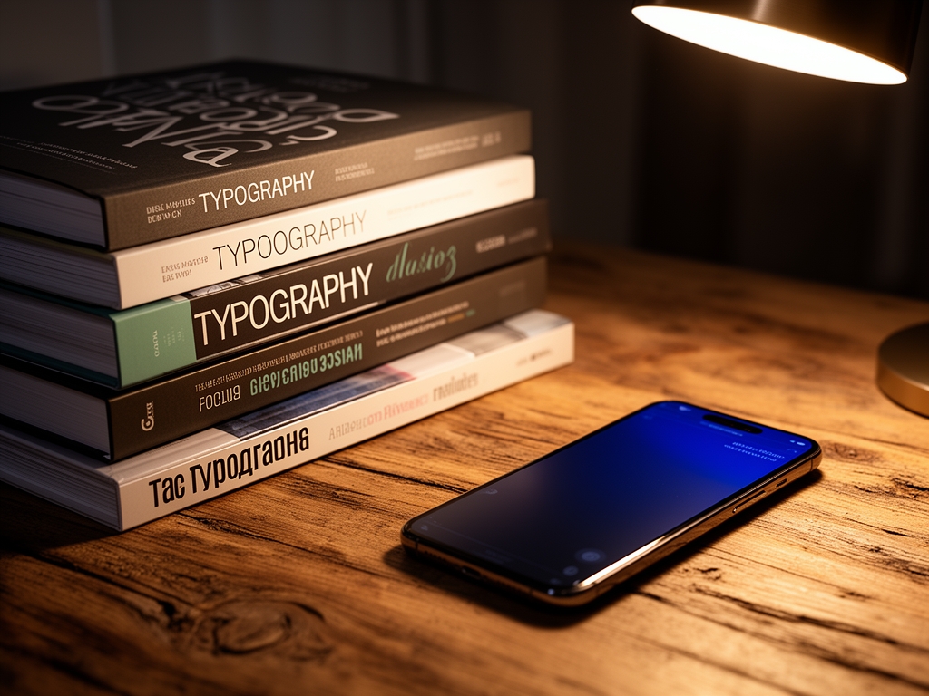 Стопка профессиональных книг о типографике и редакционном дизайне на деревянном рабочем столе рядом с карандашами и линейкой