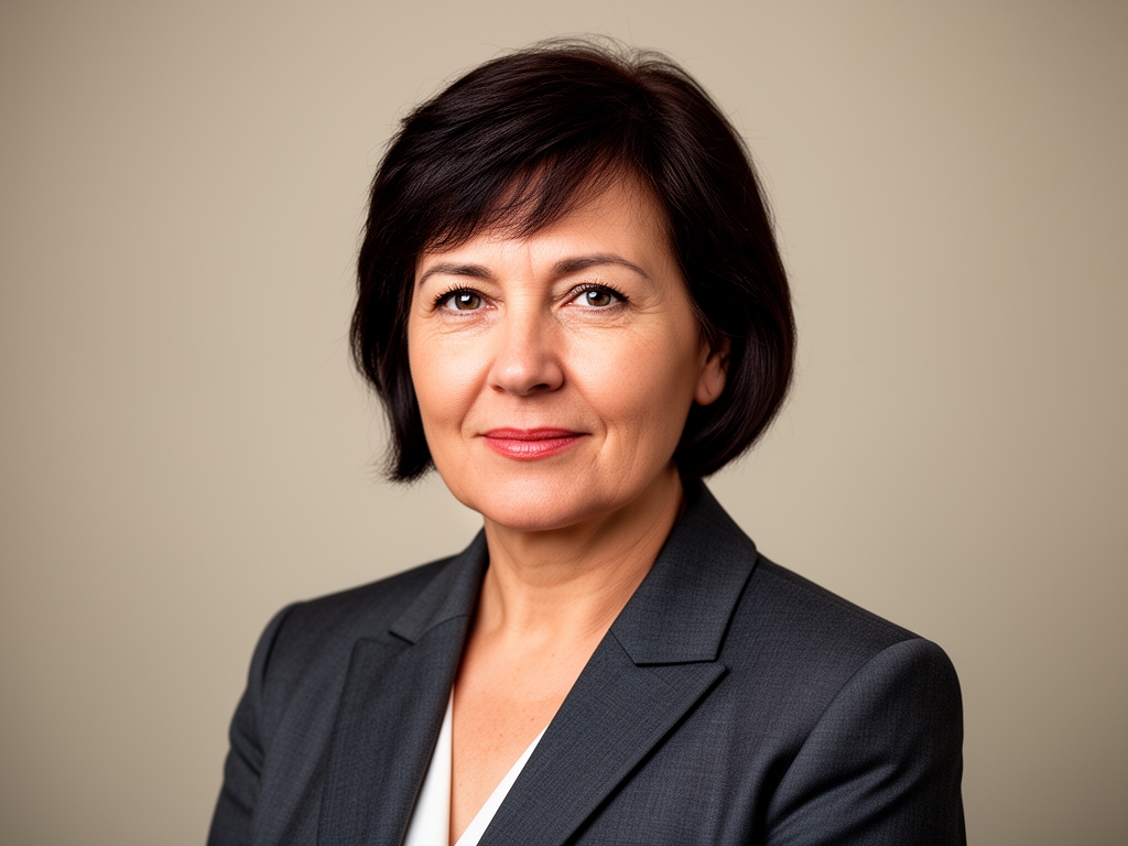 Профессиональный студийный портрет Марины Хэллоуэй — женщина средних лет с короткими тёмными волосами, в строгом тёмно-синем жакете на нейтральном светло-сером фоне