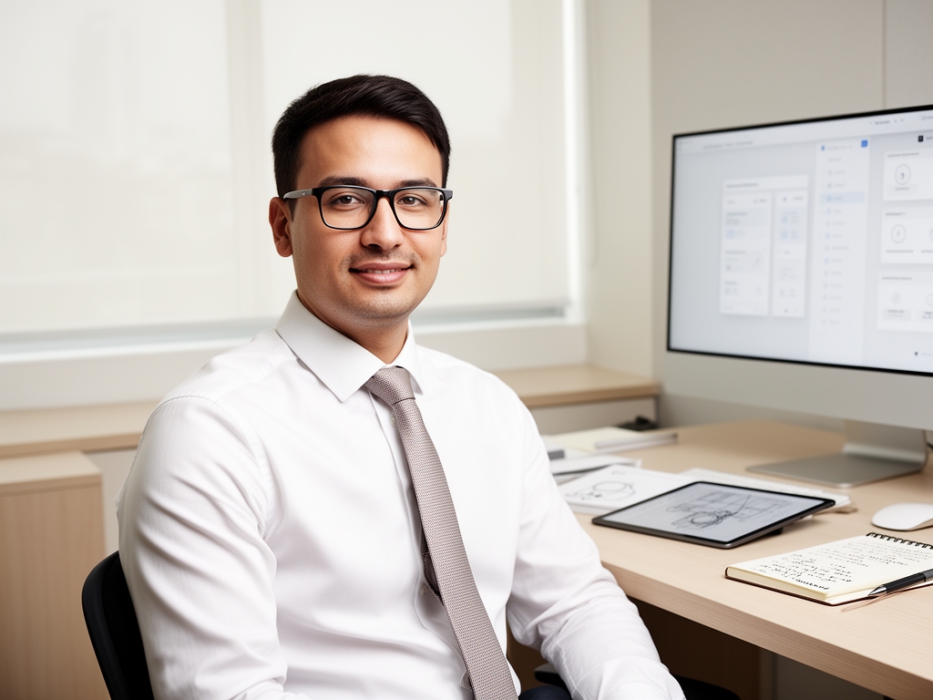 Деловой портрет Джеймса Флетчера — мужчина в очках с тонкой прямоугольной оправой, светлая рубашка, современный офисный интерьер со стеклянными перегородками