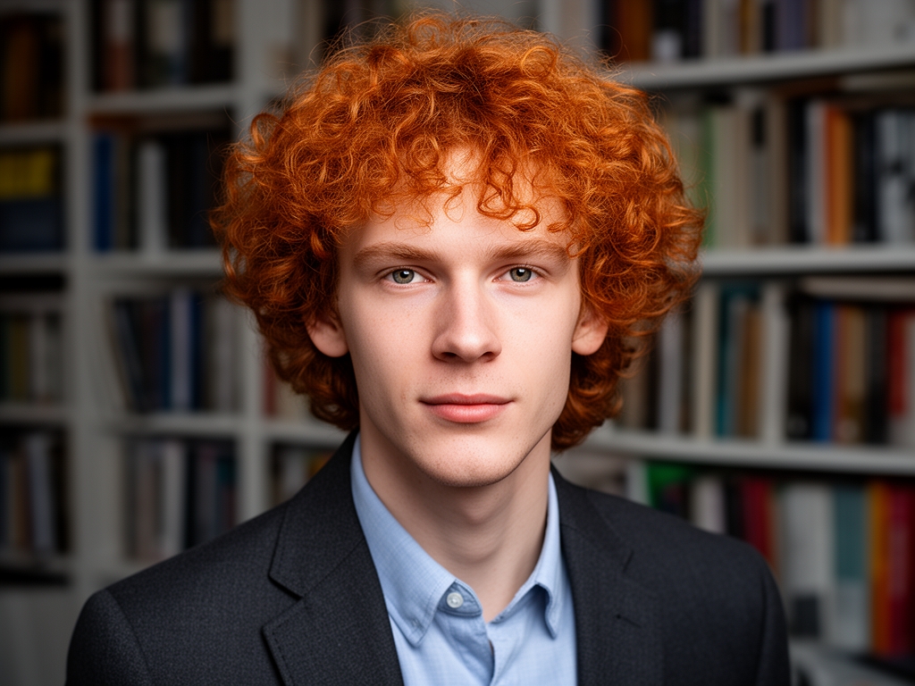 Портрет Оливии Кросс — молодая женщина с вьющимися рыжими волосами, уверенный и открытый взгляд, на фоне заполненных книжных полок с изданиями по дизайну