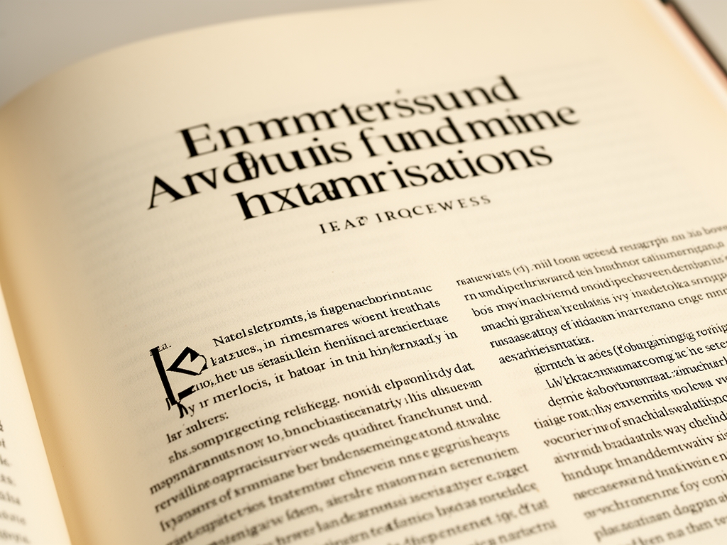 Крупный план страницы журнала с классической serif-типографикой, хорошо выверенными колонками и изящным межбуквенным интервалом на кремовой бумаге