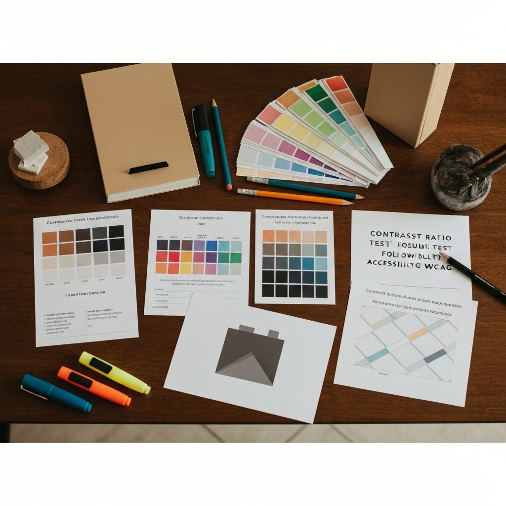 Дизайнерский стол с распечатанными таблицами коэффициентов контраста и образцами цветовых схем для тестирования доступности