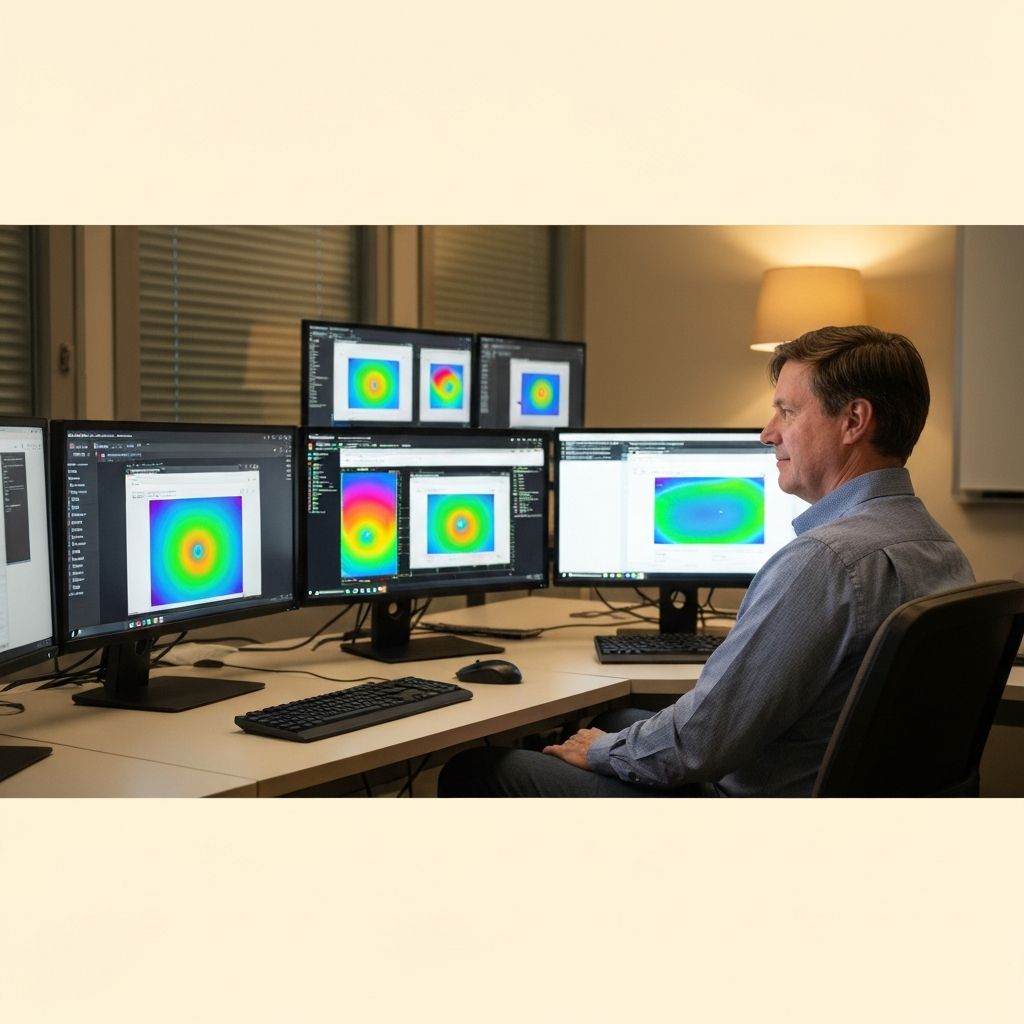 Исследовательская лаборатория с мониторами, отображающими тепловые карты взгляда пользователей на веб-страницах в тёплом академическом освещении