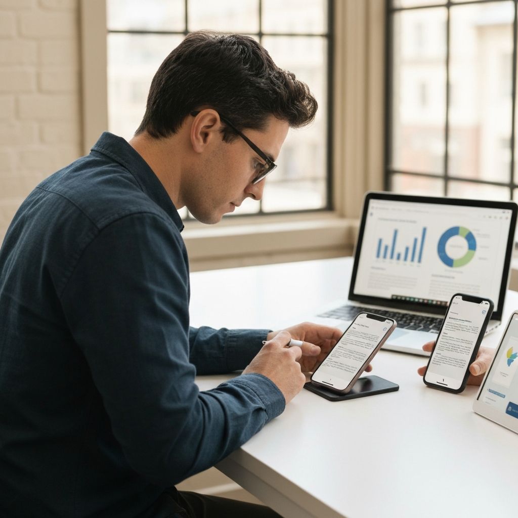 Исследователь тестирует читабельность на нескольких смартфонах одновременно, в фоне — ноутбук с графиками результатов