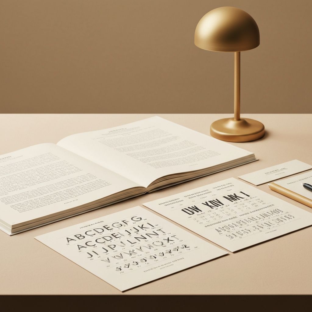 Типографические образцы, разложенные на исследовательском столе с измерениями, сетками базовых линий и аннотациями шрифтовых метрик